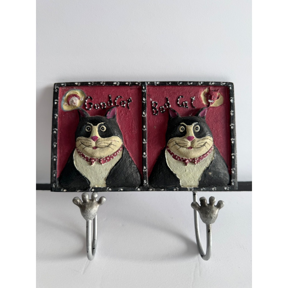 Vintage Style Good Cat Bad Cat Wall Hook Rack Tuxedo Cat Decor 2-Hook Plaque